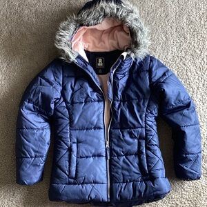 Kids Blue Puffer Jacket with Faux Fur Hood